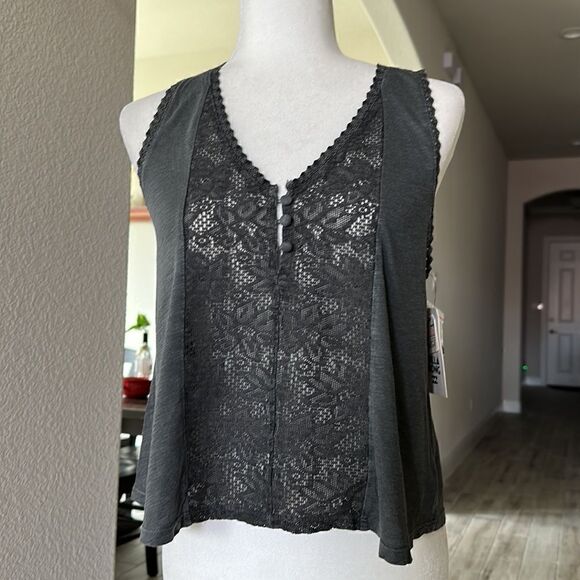 NWT BillaBong  Gray Tank Racerback Lace Flowy Lose Fit S Aztec Boho Sheer - Picture 3 of 12